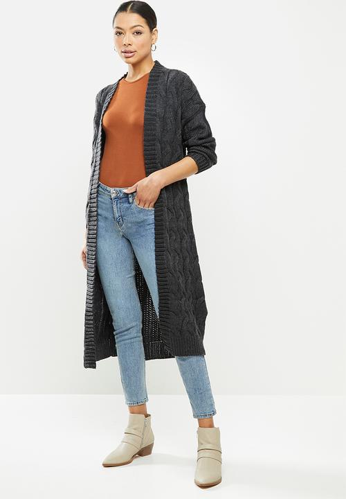 Longline Cable Cardi with jeans
